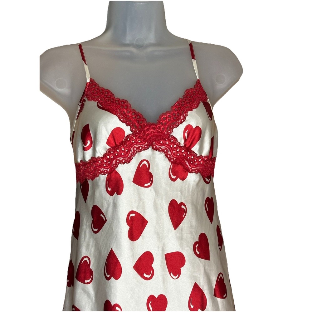Vintage Jaclyn Smith Red Hearts Nightgown XS Lace Trim Satin Slip Dress Lingerie - Picture 3 of 15